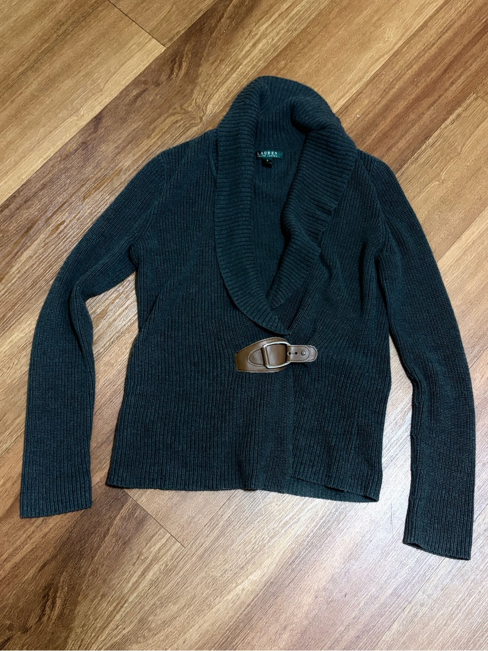 Ralph Lauren Gray Shawl Collar Buckle Cardigan Size S 100% Cotton